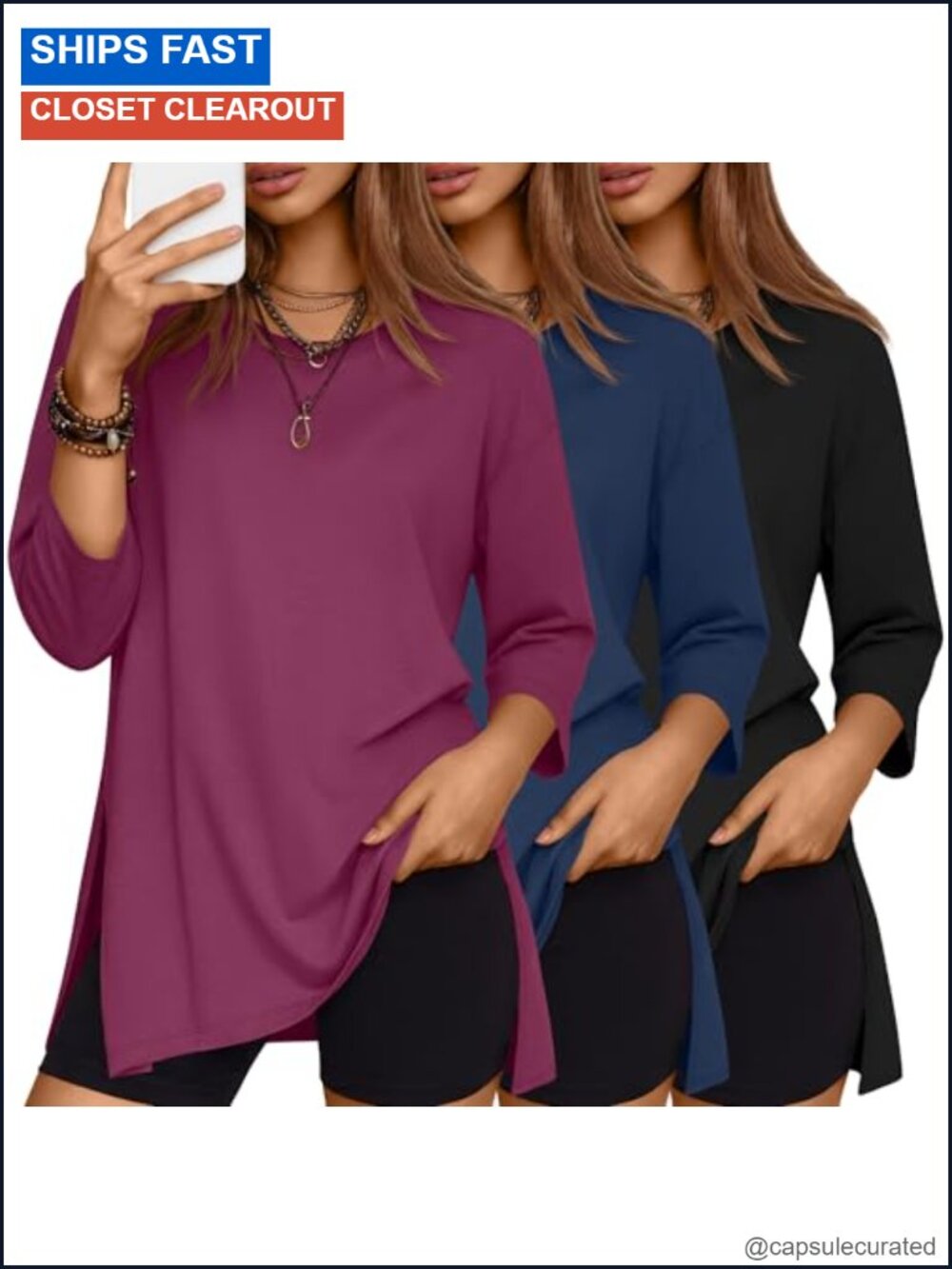 3 Pack Women's Oversized 3/4 Sleeve T-Shirts Soft Stretch Pull On